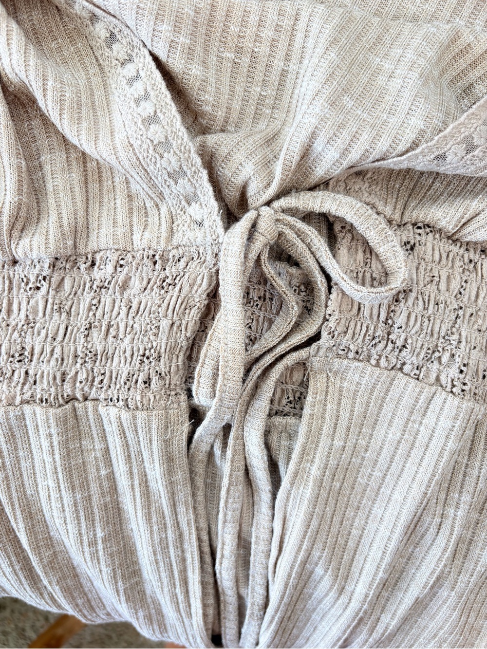 NWT Light Beige Open-Front Boho Knit Cardigan with Tie Waist Lace Embroidery XXL - Picture 4 of 7